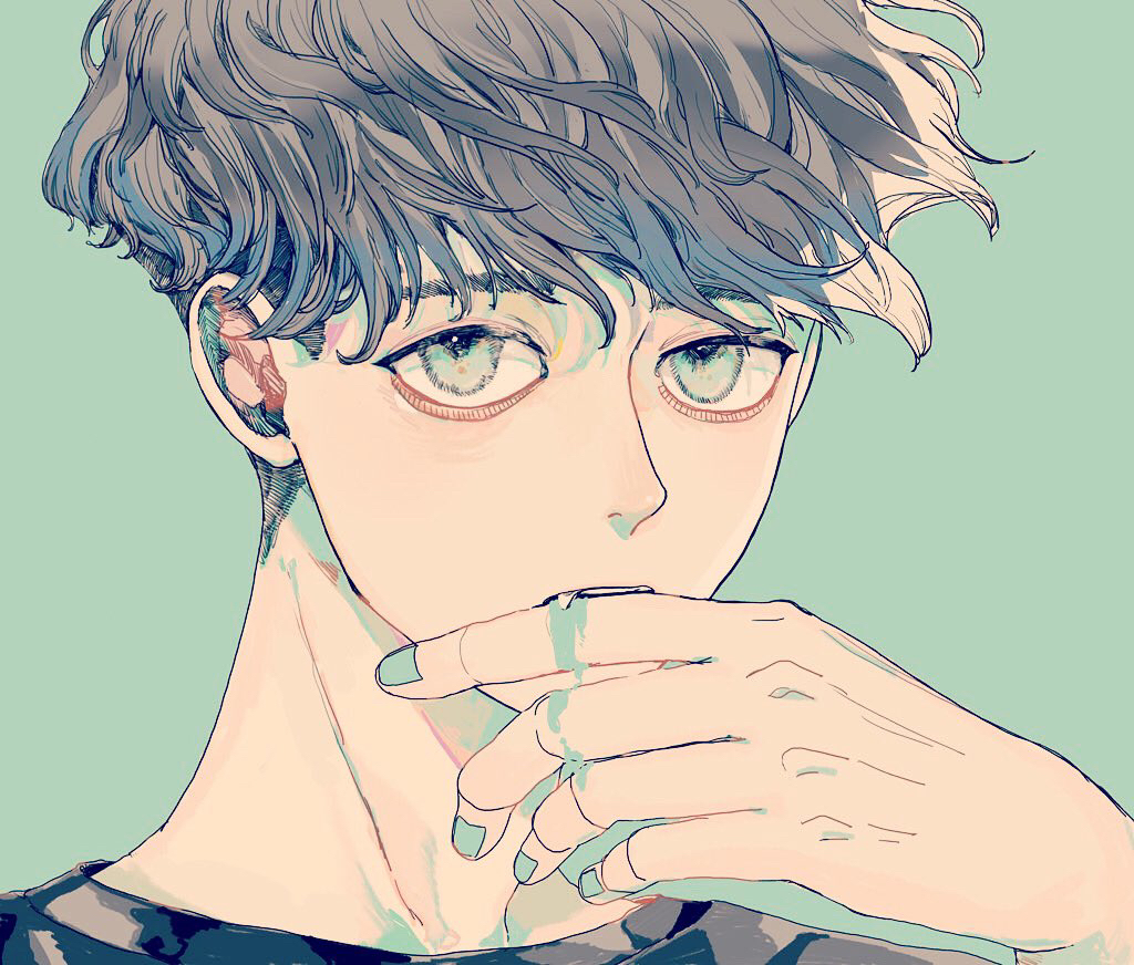 1boy, biting, black_hair, black_shirt, blood, blood_on_hands, commentary_request, face, fang, finger_biting, green_background, green_blood, green_nails, grey_eyes, hand_up, kamomiland, looking_at_viewer, male_focus, original, portrait, shirt, short_hair, simple_background, solo, very_short_hair