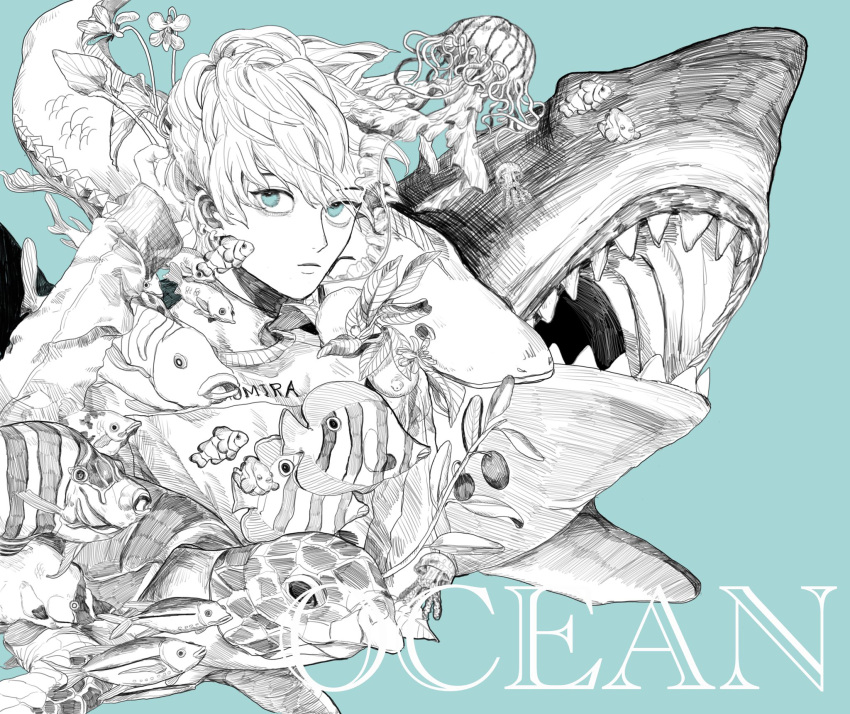 1boy, animal_request, blue_background, blue_eyes, closed_mouth, commentary_request, english_text, expressionless