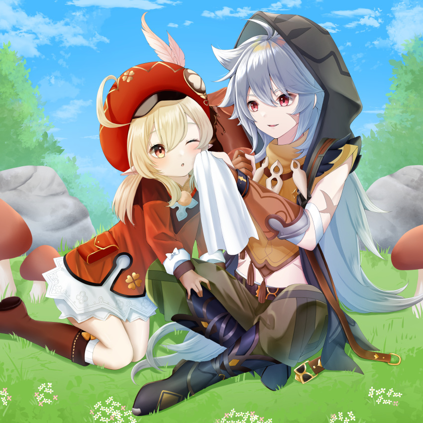 1boy, 1girl, :d, absurdres, bangs, bloomers, blue_skirt, blurry