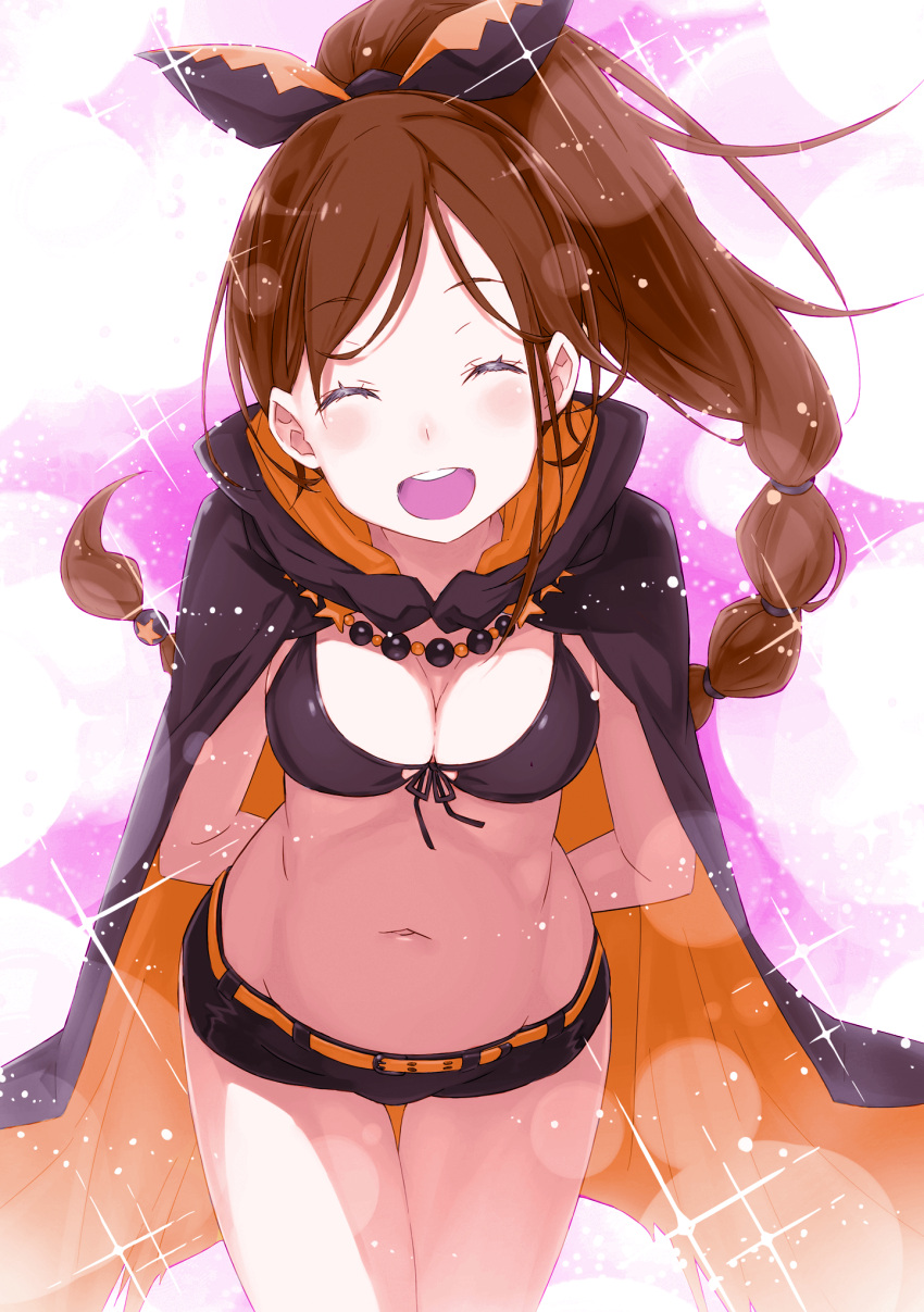 1girl, bikini, blush, braid, braided_ponytail, breasts, cape, closed_eyes, colorized, floatinghere, front-tie_bikini, front-tie_top, hair_ornament, hair_ribbon, high_ponytail, highres, medium_breasts, ootsuka_shin'ichirou, open_mouth, re:zero_kara_hajimeru_isekai_seikatsu, ribbon, shaula_(re:zero), short_shorts, shorts, single_braid, smile, solo, star_(symbol), star_hair_ornament, swimsuit