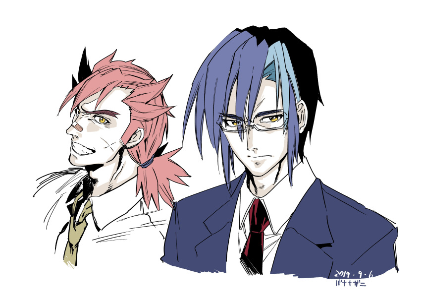 2boys, absurdres, bandaid, bandaid_on_nose, bangs, blue_hair, closed_mouth, cropped_shoulders