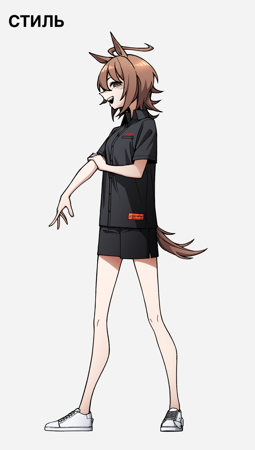 1girl, absurdres, agnes_tachyon_(umamusume), ahoge, alternate_costume, animal_ears, black_shirt, brown_eyes