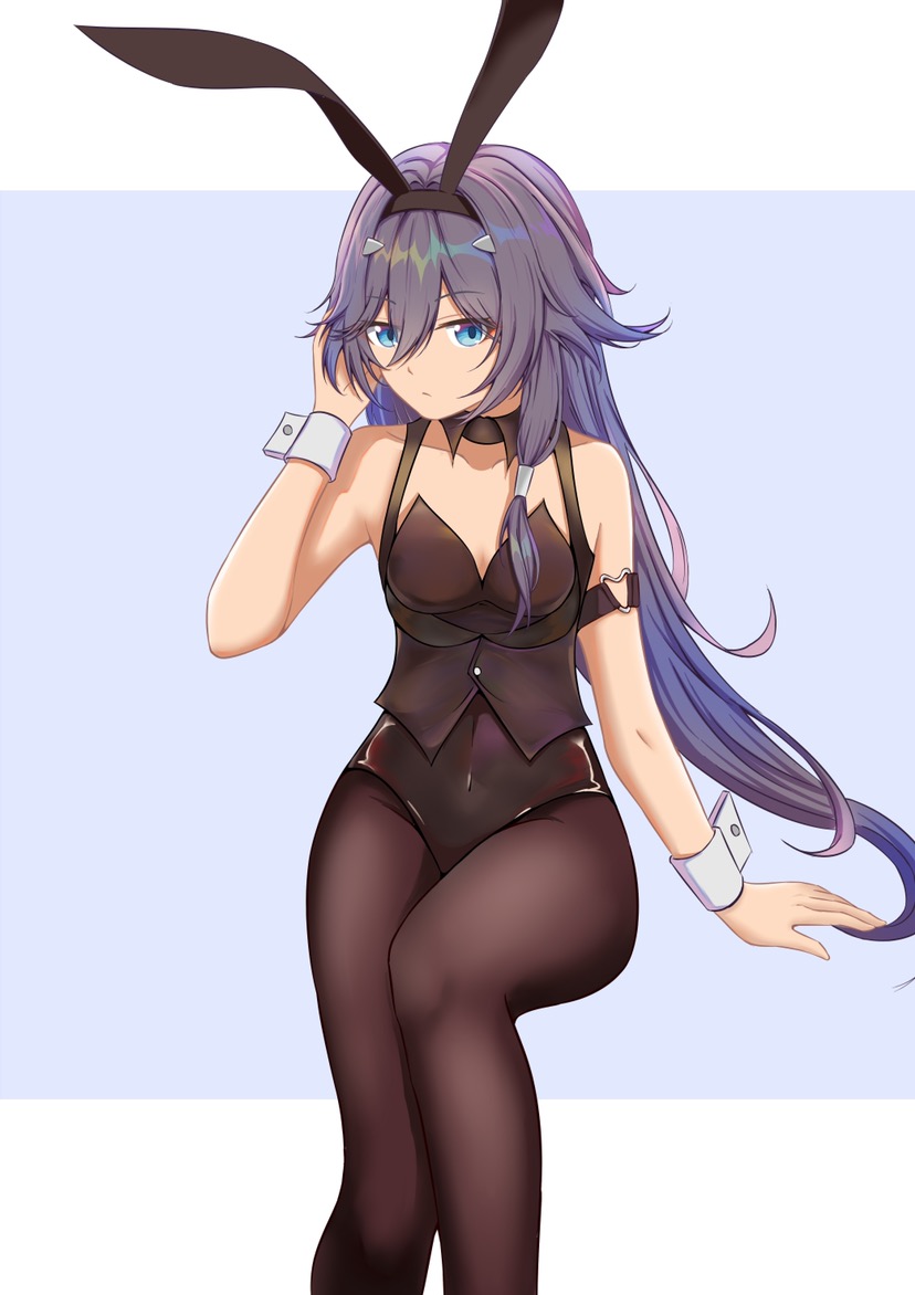 1girl, animal_ears, bangs, black_hair, black_leotard, blue_eyes, choker, closed_mouth