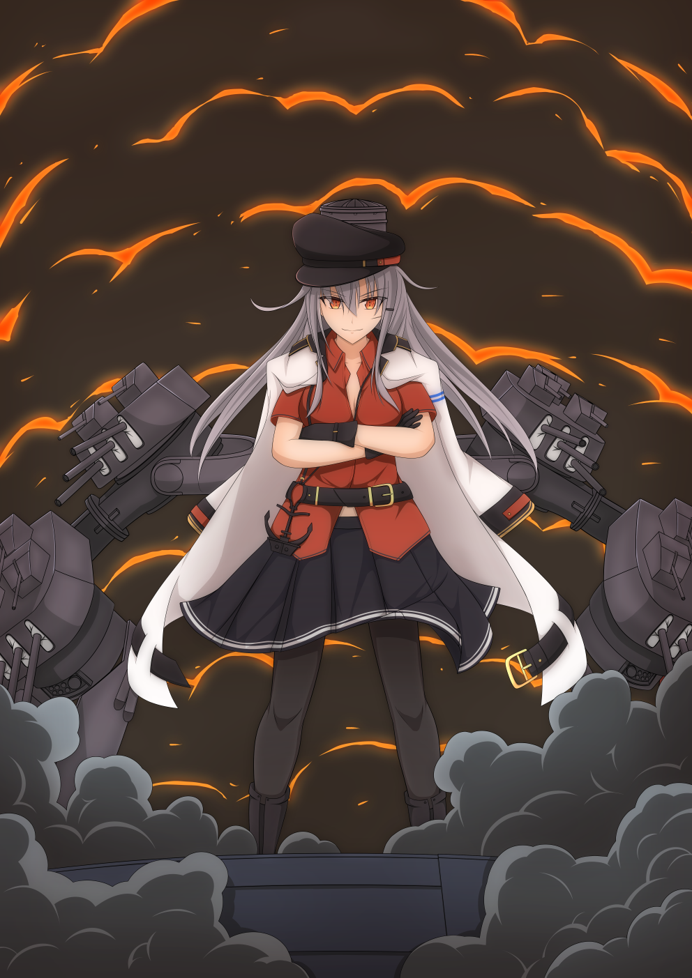 1girl, bell_shireikan, belt, black_footwear, black_gloves, black_headwear, black_legwear, black_skirt