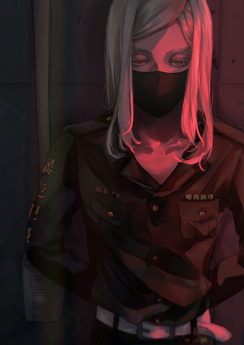 1boy, absurdres, arms_behind_back, bangs, belt, black_jacket, black_pants, collarbone, cowboy_shot, expressionless, highres, jacket, long_hair, long_sleeves, male_focus, mask, mouth_mask, pants, sanzu_haruchiyo, solo, standing, swept_bangs, tokyo_revengers, tyoro_77, white_belt, white_hair