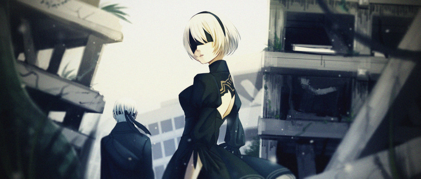 1boy, 1girl, back_cutout, black_blindfold, black_dress, black_hairband, blindfold, clothing_cutout