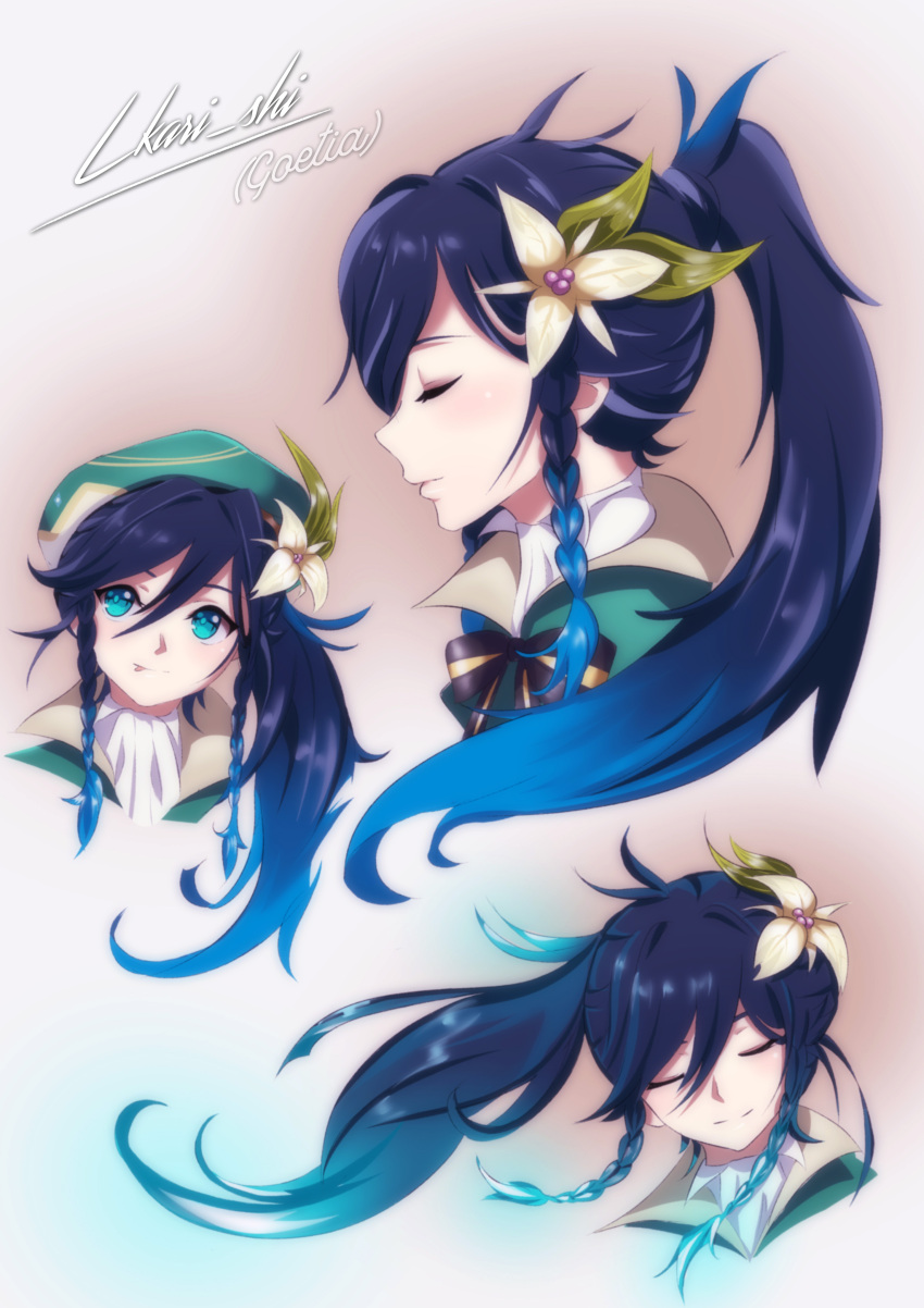 1boy, absurdres, androgynous, bangs, beret, black_hair, blue_hair, bow