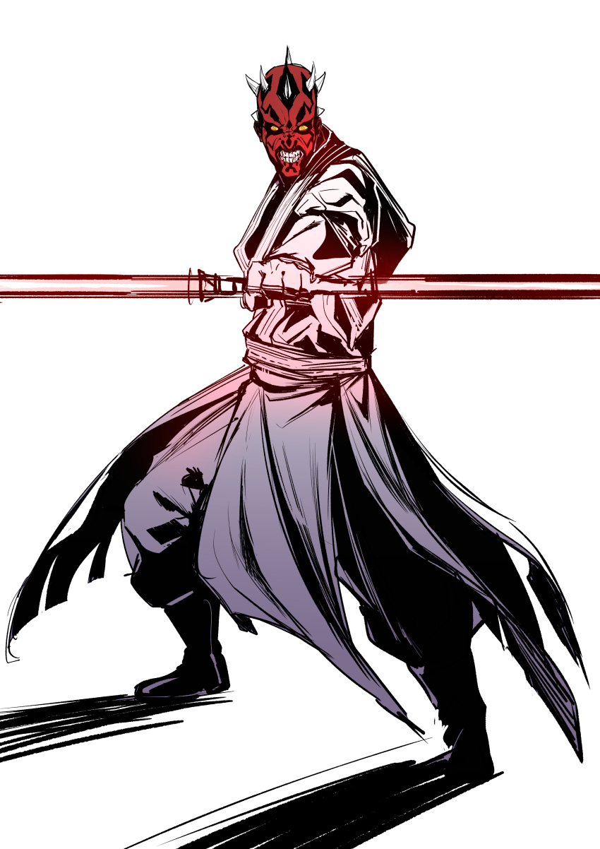 1boy, absurdres, clenched_teeth, colored_skin, darth_maul, energy_sword, highres, holding
