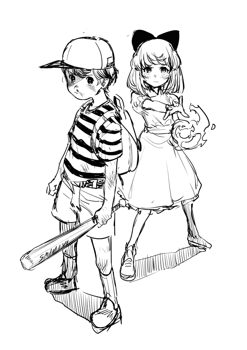 1boy, 1girl, absurdres, backpack, bag, bangs, baseball_bat, baseball_cap