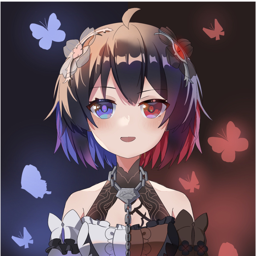 1girl, :d, absurdres, bangs, bare_shoulders, black_dress, blue_butterfly, blue_eyes