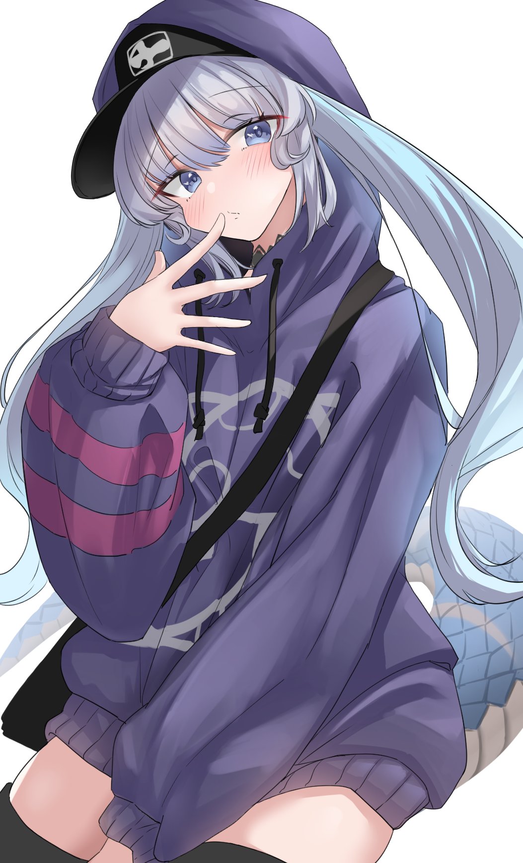 1girl, :/, bangs, baseball_cap, blue_eyes, blue_hair, blush, buchibussei