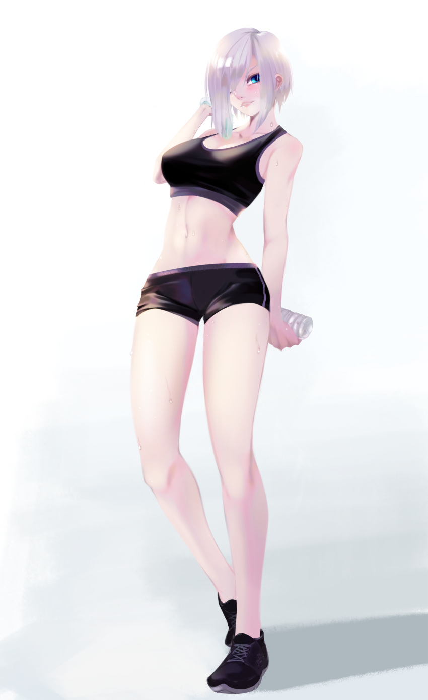 1girl, absurdres, black_footwear, black_shorts, blue_eyes, blush, bottle, breasts
