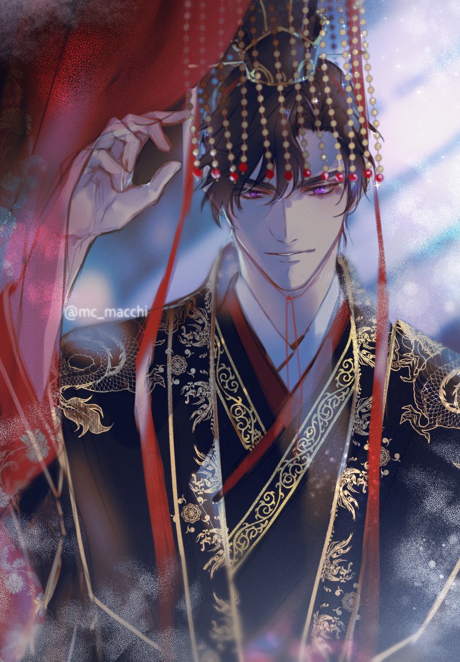 1boy, artist_name, black_hair, blurry, chain, chinese_clothes, crown_hair_ornament, curtains