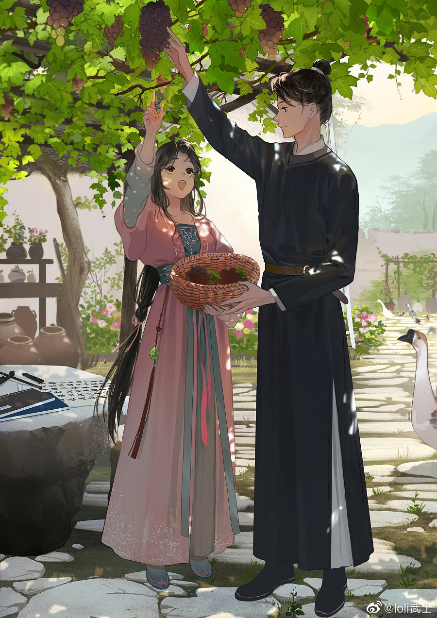 1boy, bangs, basket, bird, book, changpao, chinese_clothes, couple, dress, duck, flower, food, from_side, fruit, full_body, grapes, hanfu, highres, jade_pendant, jar, light_rays, loli_bushi, long_hair, long_sleeves, looking_up, open_mouth, original, outdoors, pink_dress, profile, smile, standing, sunbeam, sunlight, tassel