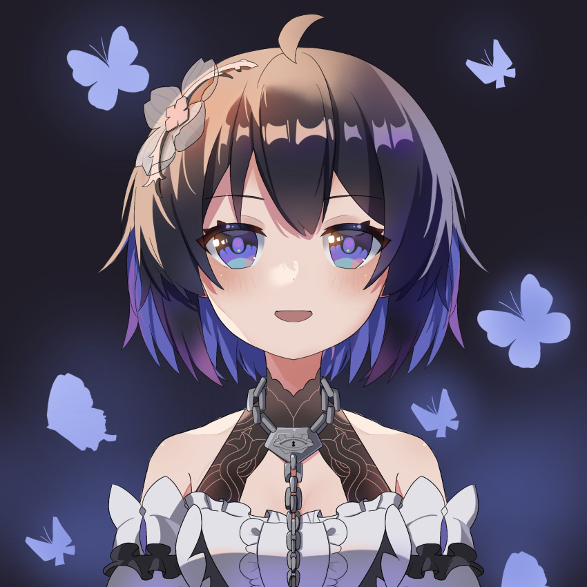 1girl, :d, bangs, bare_shoulders, blue_butterfly, blue_eyes, blue_hair, bug