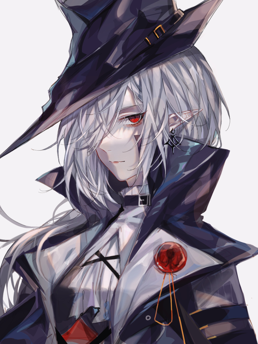 1girl, arknights, ascot, black_dress, black_headwear, dress, earrings, gladiia_(arknights)
