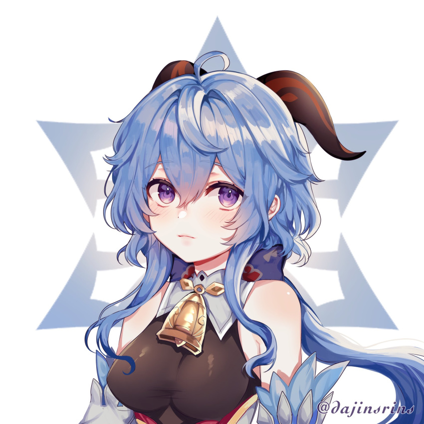 ahoge, bangs, bare_shoulders, bell, blue_hair, blush, bow, bowtie