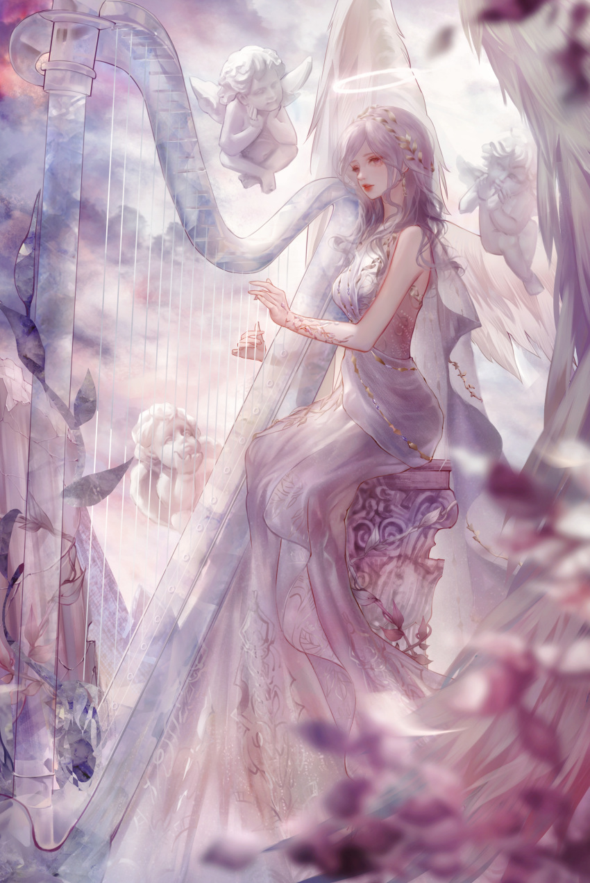 1girl, absurdres, angel, angel_wings, bare_shoulders, blurry, depth_of_field, dress
