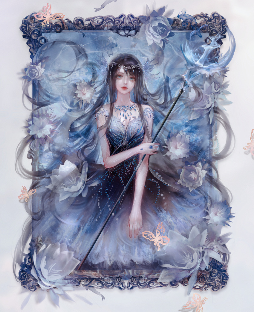 1girl, absurdres, black_hair, bug, butterfly, dress, framed, hair_ornament