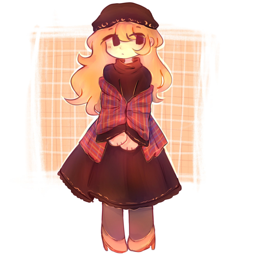 1girl, alternate_costume, bangs, black_dress, brown_eyes, brown_headwear, closed_mouth, commission