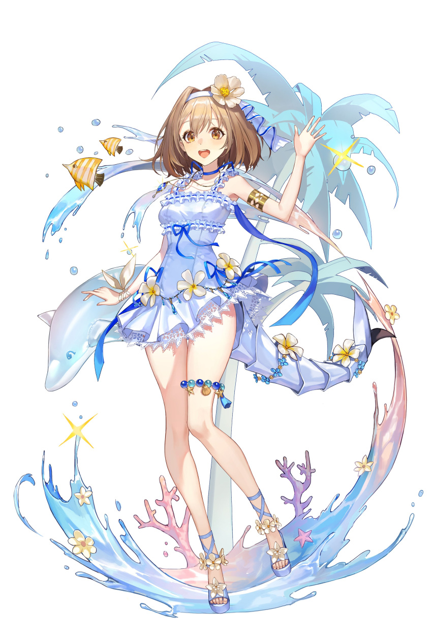 1girl, absurdres, alchemy_stars, alternate_costume, beads, blue_ribbon, brown_eyes, brown_hair