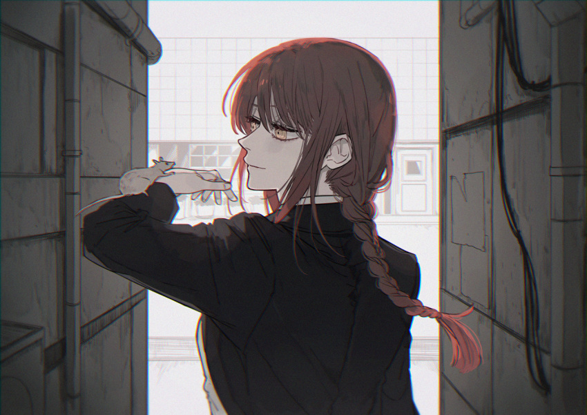 1girl, alley, black_jacket, braid, chainsaw_man, closed_mouth, ebanoniwa, from_behind