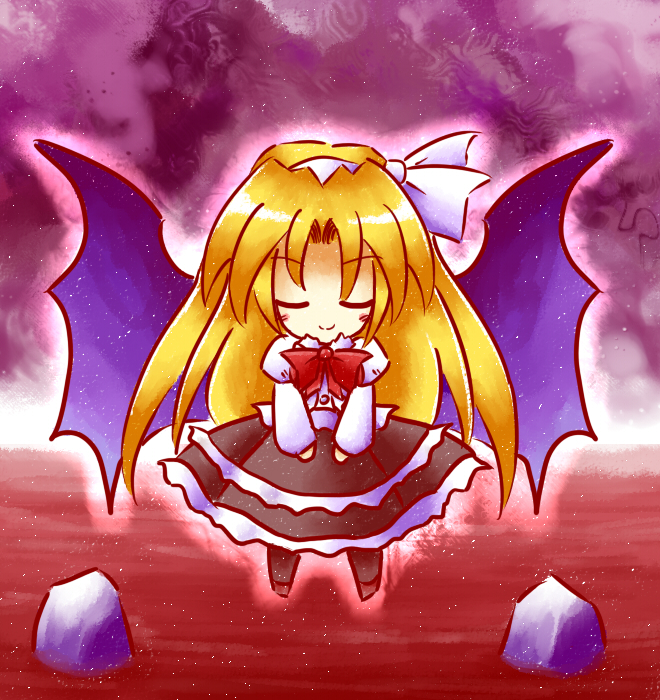 blonde_hair, bow, chibi, closed_eyes, glowing, kurumi_(touhou), long_hair, ribbon, smile, tilde_(ice_cube), touhou, touhou_(pc-98), wings