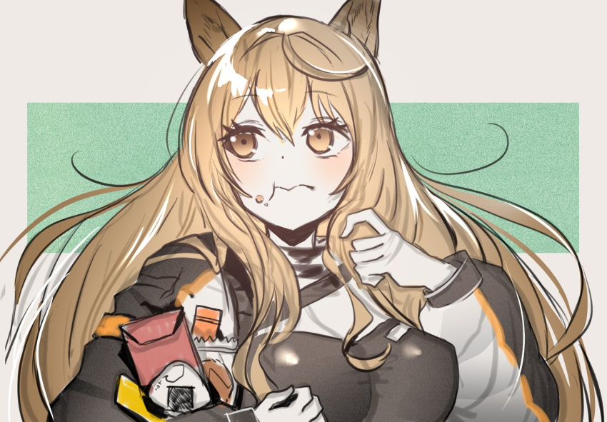 1girl, :t, animal_ears, arknights, bangs, brown_eyes, brown_hair, ceobe_(arknights)