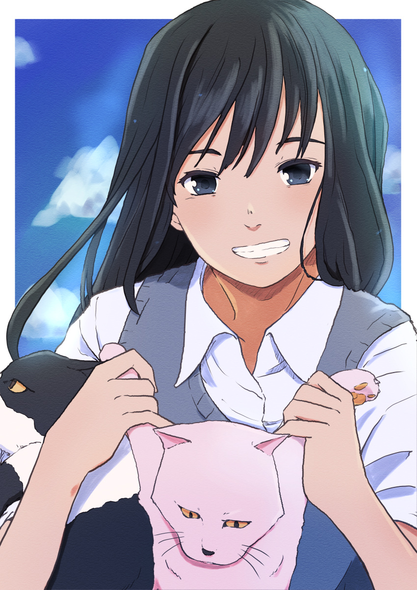 1girl, absurdres, black_eyes, cat, day, gen_(sonny_boy), grey_vest, highres