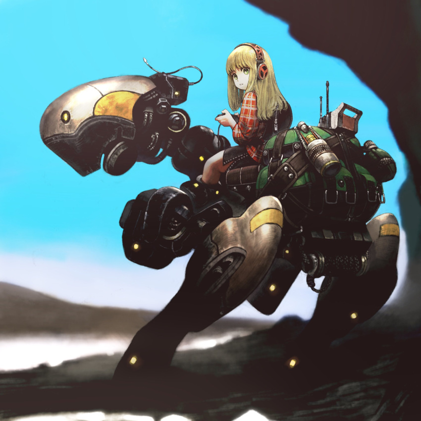 1girl, backpack, bag, blonde_hair, blue_sky, canteen, commentary_request, controller