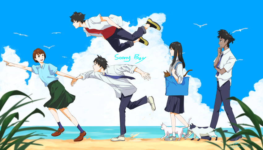 2boys, 3girls, absurdres, asakaze_(sonny_boy), bag, beach, bird, black_hair