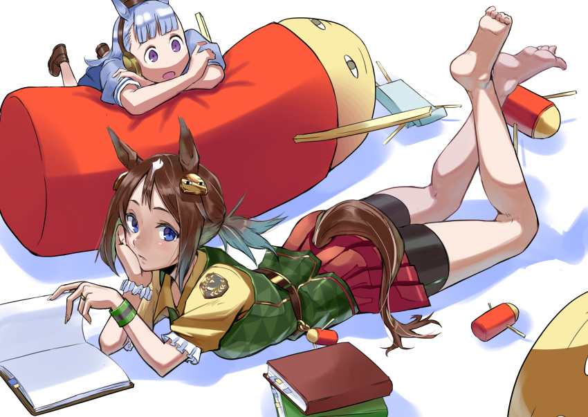 2girls, absurdres, animal_ears, bike_shorts_under_skirt, blue_eyes, bookmark, brown_hair, commentary_request
