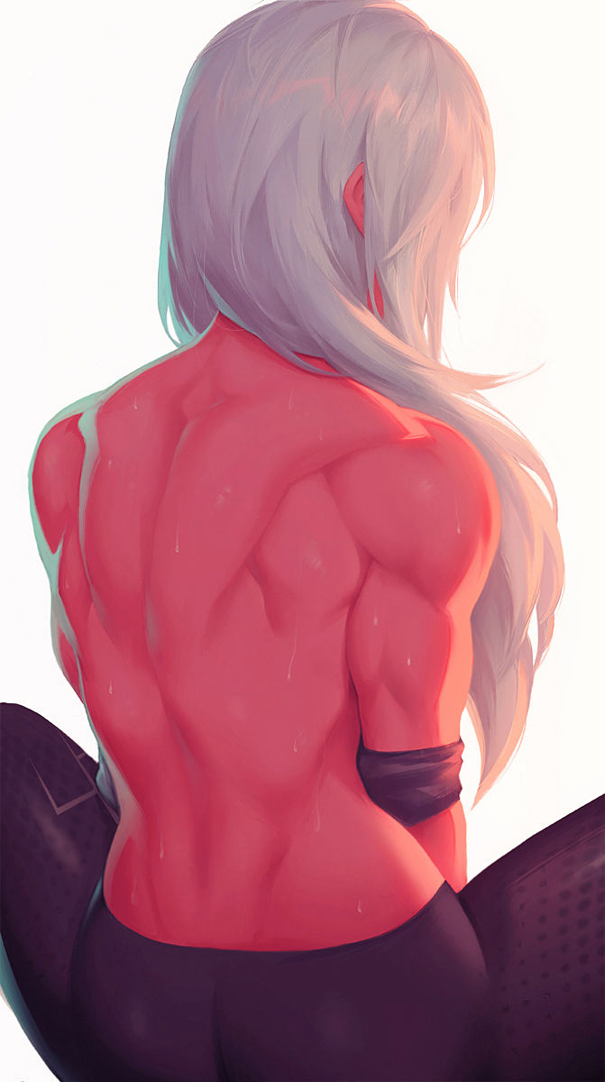 1girl, back, colored_skin, grey_hair, highres, leily_klyne_(liyart), liyart, long_hair, muscular, muscular_female, original, pants, pink_skin, simple_background, sitting, solo, sweat, symbol-only_commentary, topless, white_background, yoga_pants