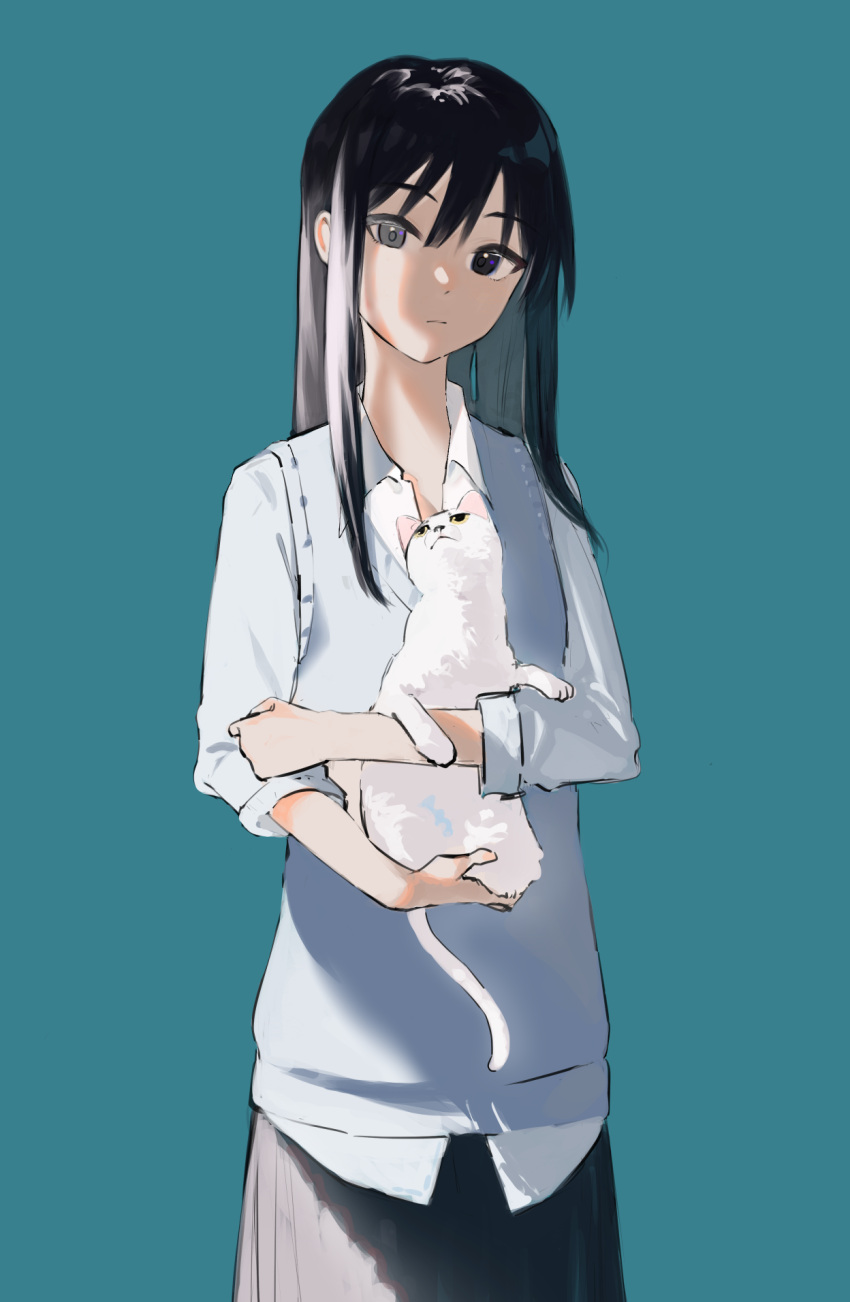 1girl, animal, black_eyes, black_hair, black_skirt, blue_background, cat, grey_vest