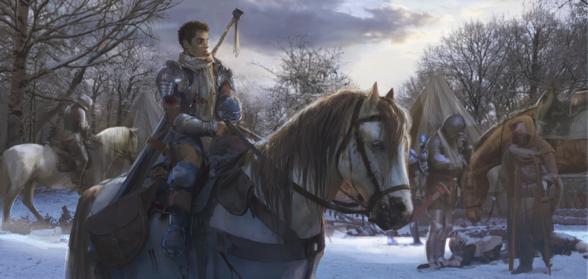 5boys, absurdres, armor, bare_tree, berserk, black_hair, blood, clouds