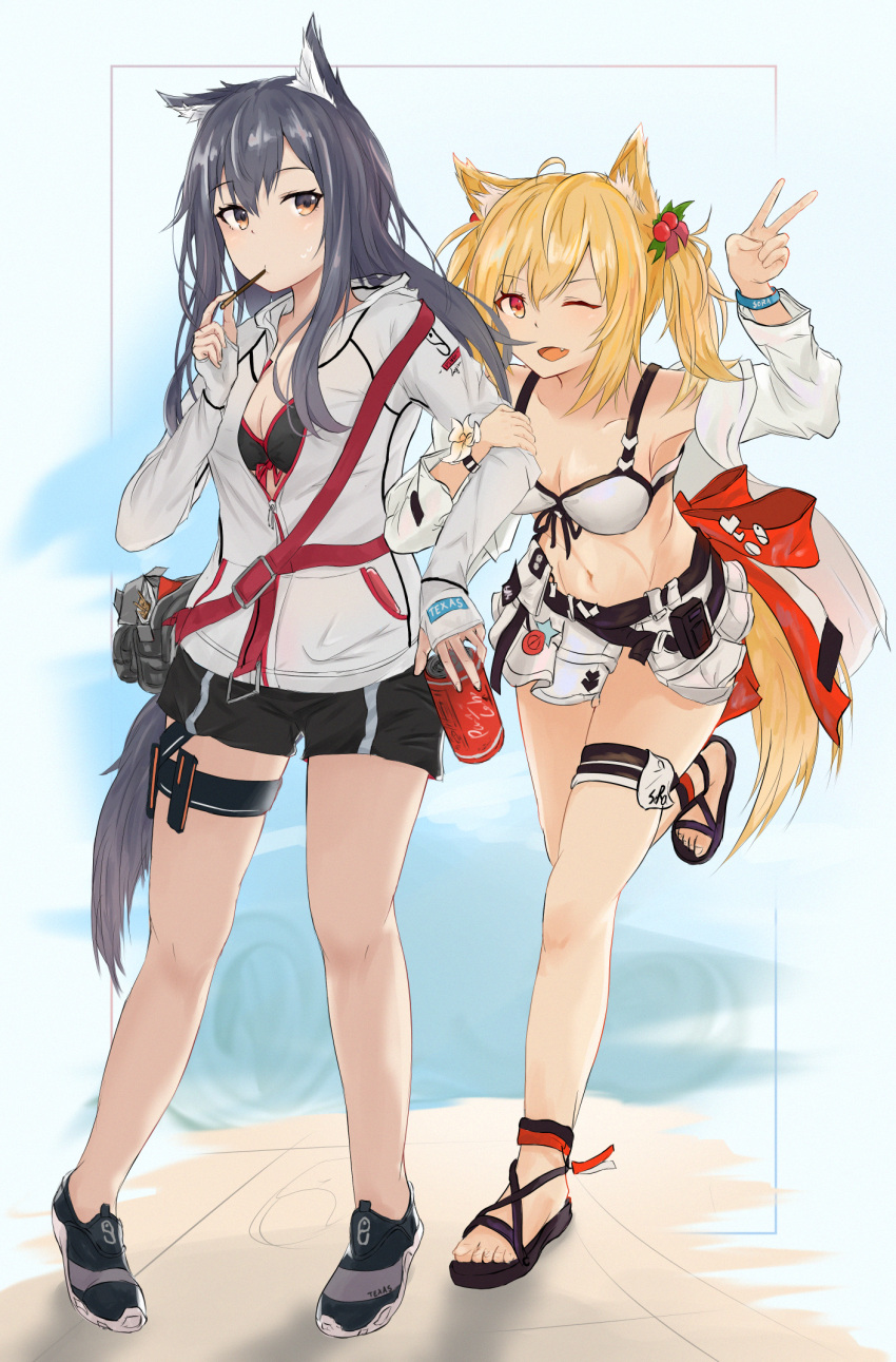 2girls, animal_ears, arknights, bangs, bare_shoulders, black_hair, blonde_hair, clov3r