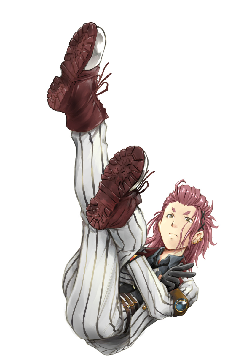 1girl, armband, black_gloves, brown_footwear, brown_hair, crossed_arms, crossed_legs, ear_piercing, frown, gloves, highres, kouya_no_kotobuki_hikoutai, long_hair, nass_na, nico_(kouya_no_kotobuki_hikoutai), pants, piercing, shirt, sitting, striped, striped_pants, striped_shirt, white_background