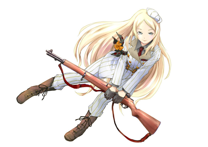 1girl, black_gloves, blonde_hair, boots, brown_footwear, flower, gloves, gun, highres, kouya_no_kotobuki_hikoutai, long_sleeves, looking_at_viewer, nass_na, necktie, pants, red_neckwear, rola_(kouya_no_kotobuki_hikoutai), shirt, simple_background, solo, striped, striped_pants, striped_shirt, tilted_headwear, weapon, white_background, white_headwear, white_shirt