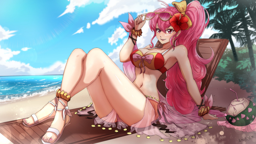 1girl, absurdres, alternate_costume, ankle_ribbon, anklet, arm_support, beach, beach_chair