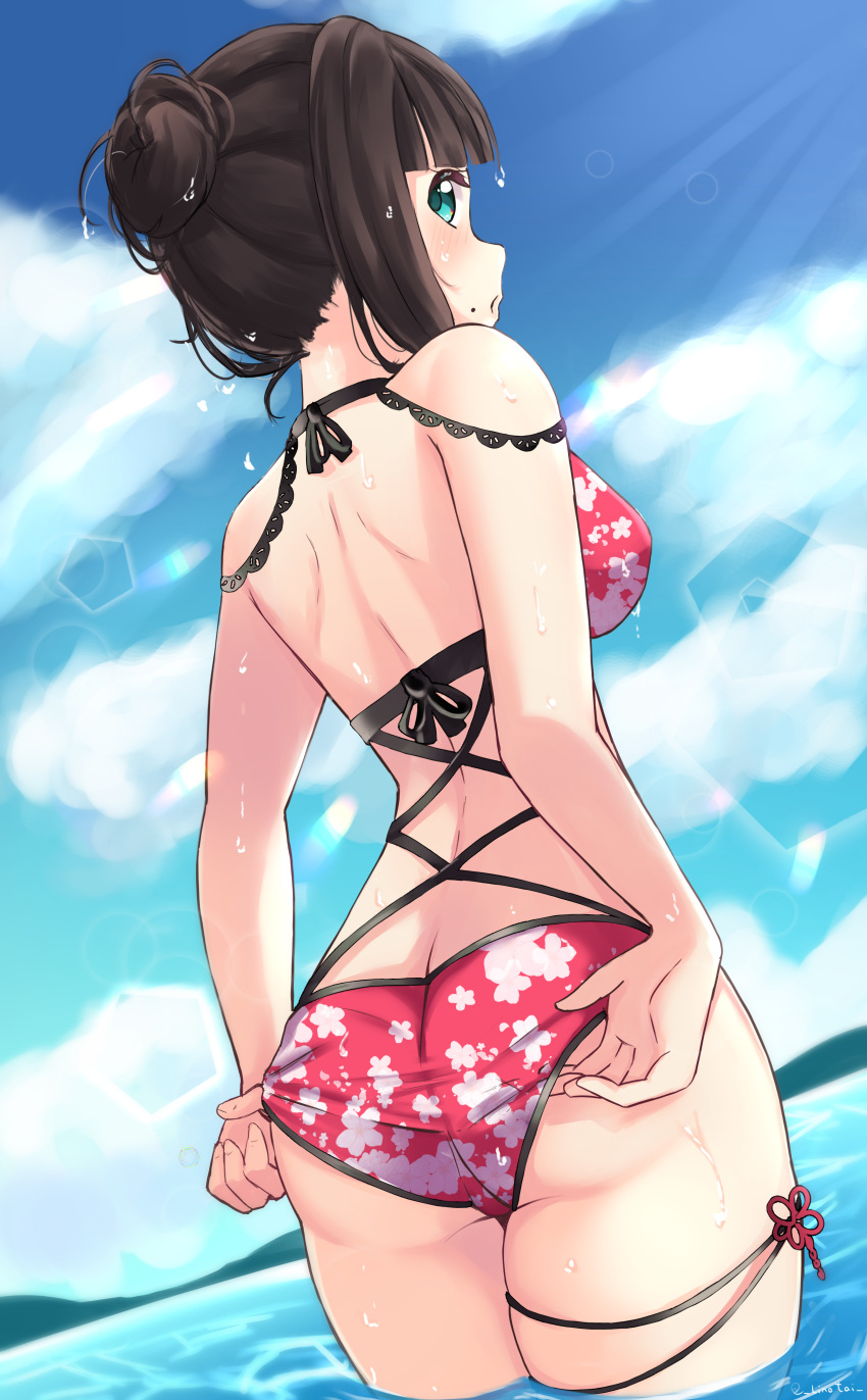 1girl, absurdres, adjusting_clothes, adjusting_swimsuit, ascii_media_works, ass, back, bangs, bare_arms, bikini, black_hair, blue_sky, blunt_bangs, breasts, bushiroad, butt_crack, clouds, cute, day, floral_print, from_behind, green_eyes, hair_bun, highres, kurosawa_dia, lens_flare, linatai, looking_at_viewer, looking_back, love_live!, love_live!_sunshine!!, medium_breasts, moe, mole, mole_under_mouth, mountainous_horizon, ocean, open_mouth, print_bikini, red_bikini, shoulder_blades, sky, solo, standing, summer, sunrise_(studio), swimsuit, thighs, twitter_username, wading, water_drop, wet
