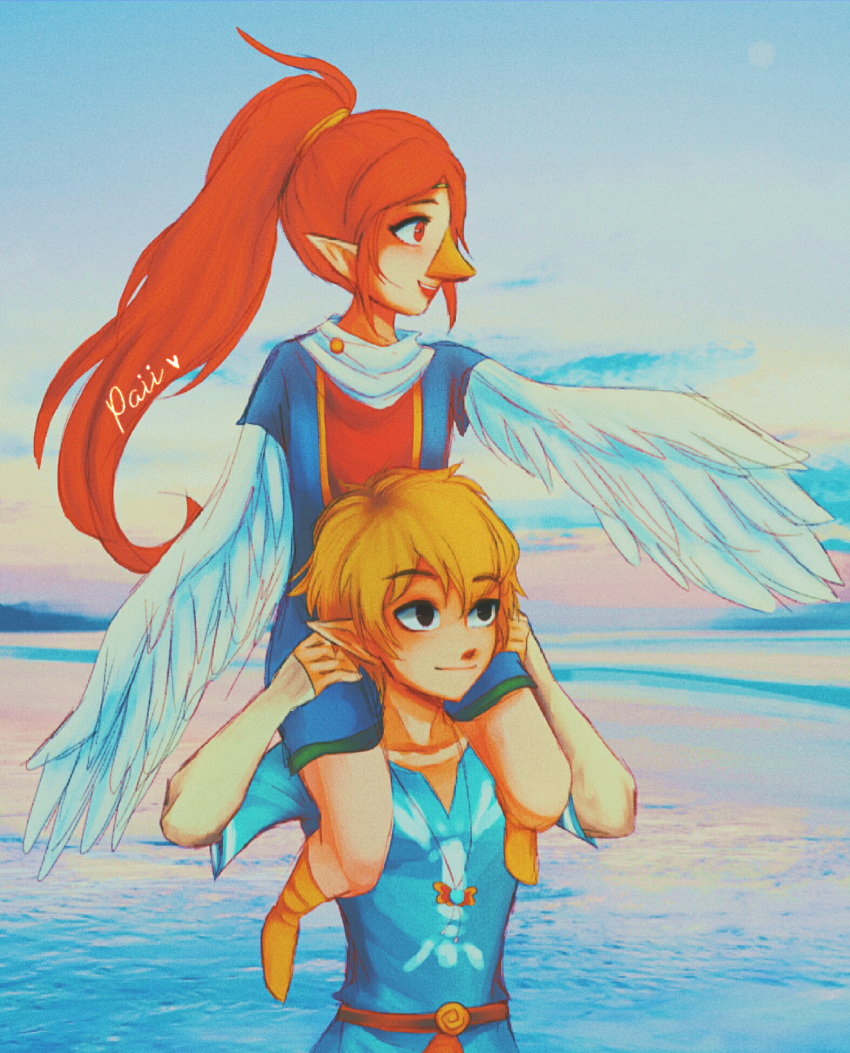 beak, black_eyes, blonde_hair, blue_shirt, brown_hair, crayfish, highres, link