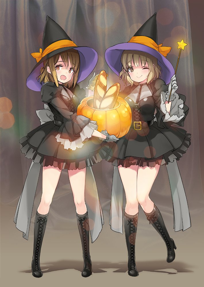2girls, asahi_production, baguette, boots, bread, brown_hair, cowboy_shot, cute