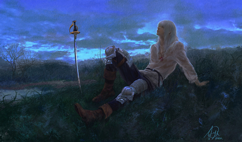 1boy, artist_name, bare_tree, behelit, belt, berserk, black_pants, brown_footwear