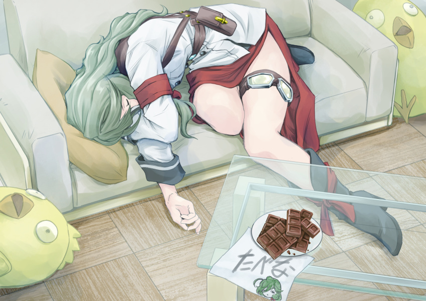 1girl, armband, black_footwear, chocolate, couch, goggles, goggles_removed, green_hair