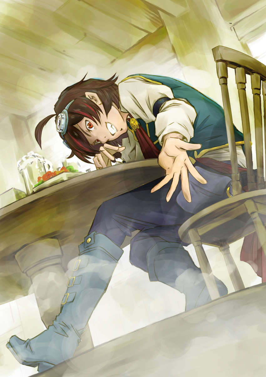 1girl, ahoge, beer_mug, belt, blue_footwear, boots, brown_hair, chair