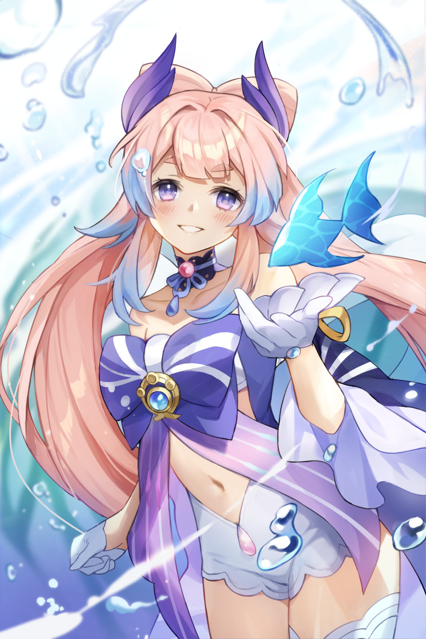 1girl, absurdres, blue_hair, bow, cowboy_shot, fish, genshin_impact, gloves