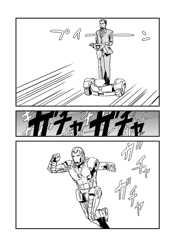 beard, comic, facial_hair, iron_man, makacoon, marvel, monochrome, segway