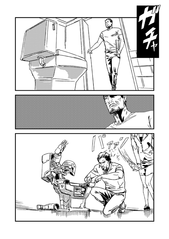 comic, facial_hair, harisen, iron_man, makacoon, marvel, monochrome, pepper_potts