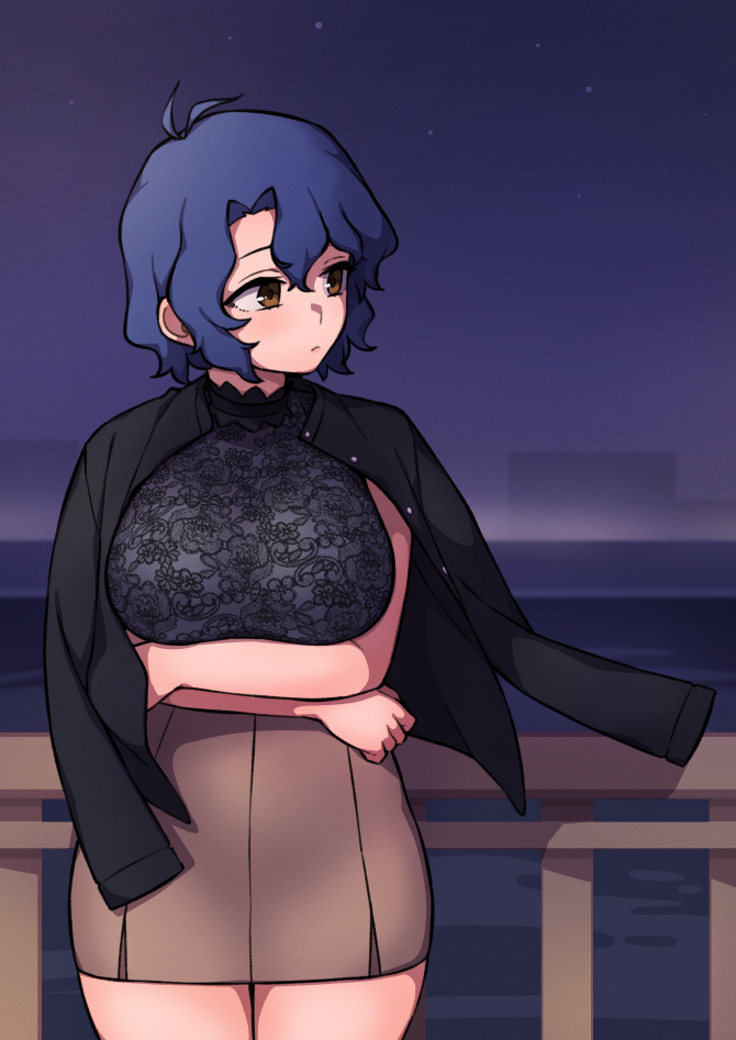1girl, antenna_hair, arms_under_breasts, black_choker, black_jacket, blue_hair, breast_hold, breasts