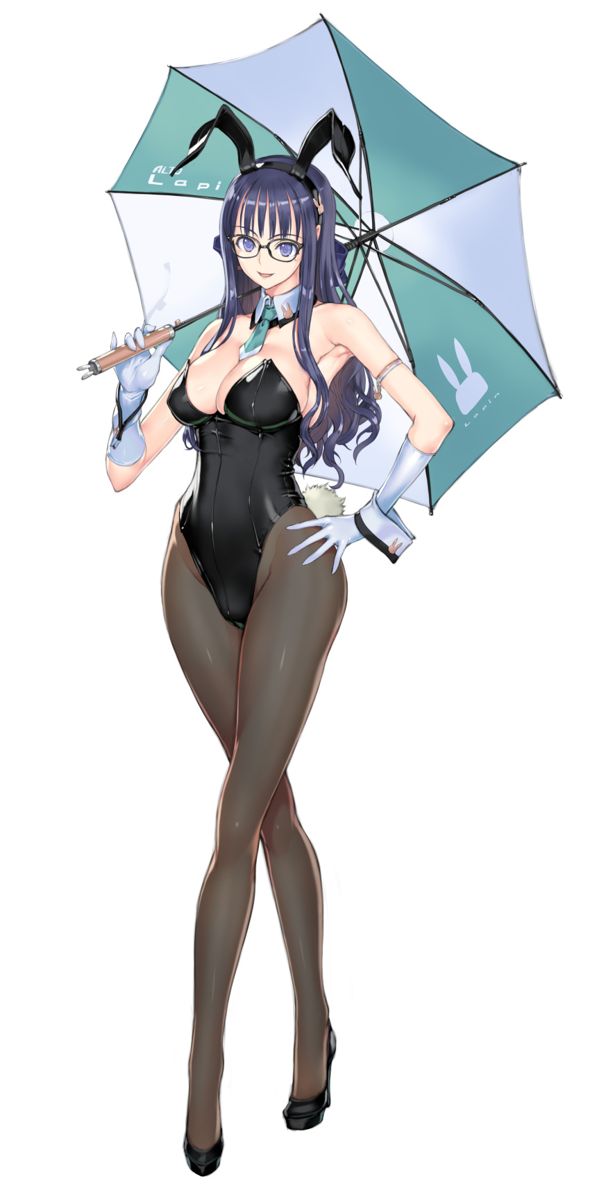1girl, :d, absurdres, animal_ears, animal_print, armlet, black_leotard, blue_eyes